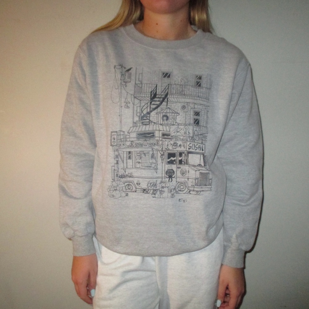 Unique graphic city landscape with sushi detail gray crewneck #unique #fun